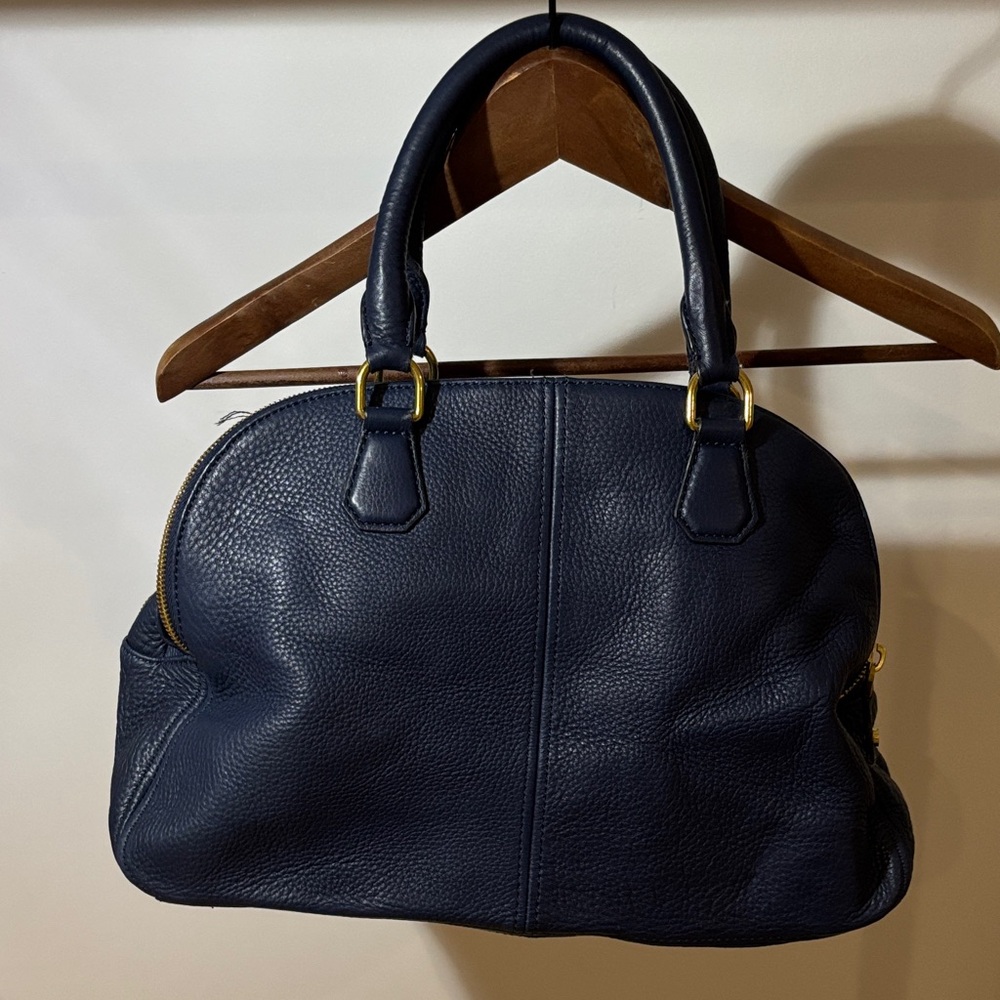 J. Crew Dark Blue Satchel with Gold Accents 3 large pockets/compartments NWOT